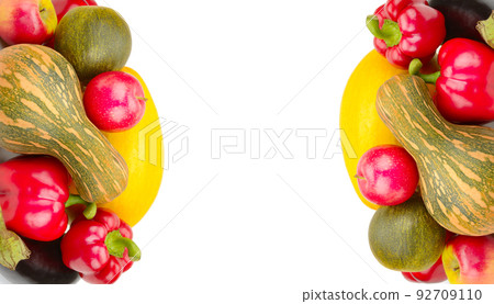 fruits and vegetables isolated on white background. Collage. Free space for text. fruits and vegetables isolated on white background. Collage. Free space for text. 92709110