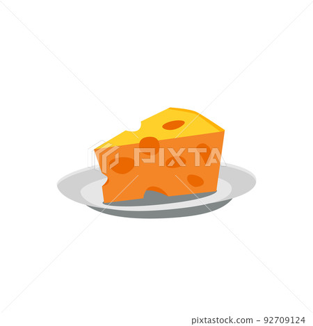 Piece of cheese on plate flat vector illustration isolated on white background. 92709124