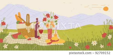 Summer picnic basket and view on mountains, flat vector illustration. 92709152