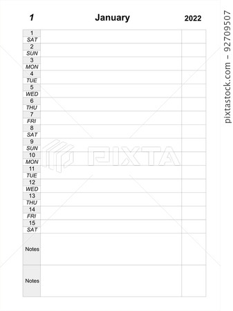 Monthly calendar. Daily planner. Calendar template for january 2022 year. 92709507