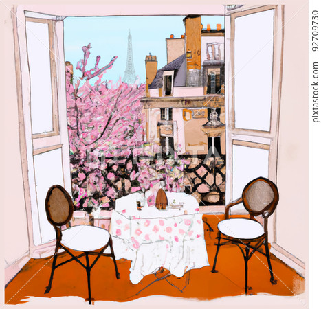 Paris, France window opened on the Eiffel tower in springtime Paris, France window opened on the Eiffel tower in springtime 92709730