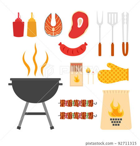 set of barbecue items on white background 92711315