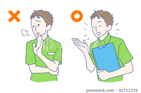 男職員的客戶服務 好榜樣/壞榜樣 圖像說明 - 適當、沒有動力、微笑、明亮 92712378