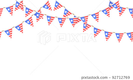 USA flag garland. US patriotic pennants repeating chain. American party bunting decoration. United States flags for celebration. Vector background. USA flag garland. US patriotic pennants repeating chain. American party bunting decoration. United States flags for celebration. Vector background. 92712769