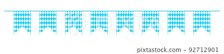 Garland with flags in Bavarian colors. Bunting for traditional German Oktoberfest beerfest with blue and white rhombus pattern. Decoration for banner, invitation card, poster Garland with flags in Bavarian colors. Bunting for traditional German Oktoberfest beerfest with blue and white rhombus pattern. Decoration for banner, invitation card, poster 92712901