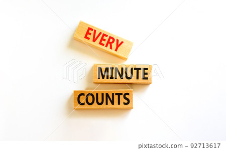 Every minute counts symbol. Concept words Every minute counts on wooden blocks on a beautiful white table white background. Business, motivational and every minute counts concept. 92713617