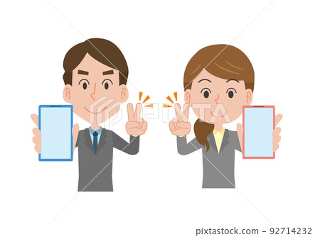 Men and women holding a smartphone and making a v sign Men and women holding a smartphone and making a v sign 92714232
