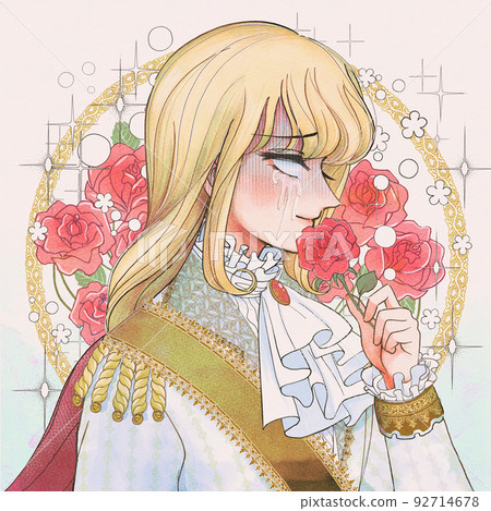 Showa shoujo manga style, blond prince crying with white eyes and a rose 92714678