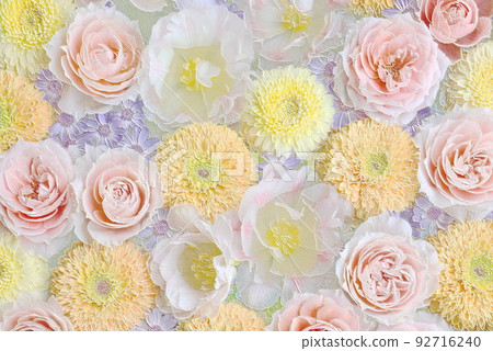 Yellow, white and pink flowers. Relief like porcelain plate Yellow, white and pink flowers. Relief like porcelain plate 92716240