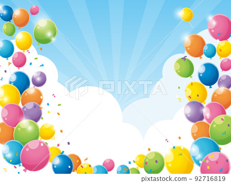 Pastel balloons and confetti in the blue sky 92716819