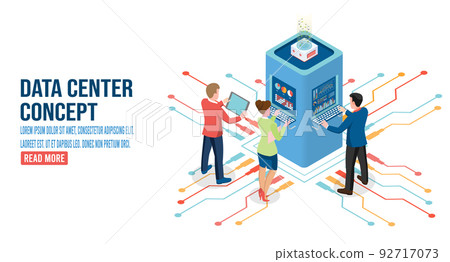 3D isometric data center concept with digital service, application with data transmission, Network computing technologies, Hosting Server Database.  Vector illustration eps10 92717073
