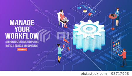 3D isometric business workflow with data... - Stock Illustration ...