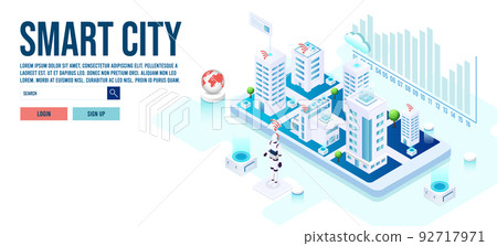 3d isometric Smart City concept with smart services, internet of things, network, public park, building augmented reality concept. Vector illustration eps10 92717971