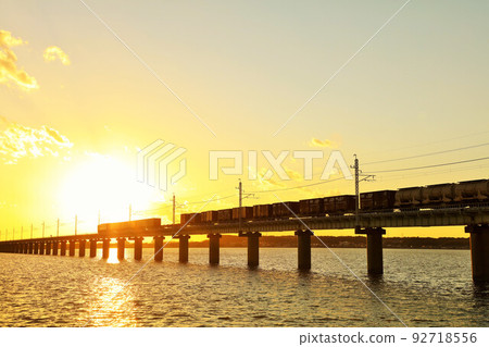 Ibaraki Prefecture Twilight Kitaura Bridge and freight train 92718556