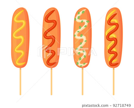 American Corn dog set with different sauce ketchup, mayo, mustard. Street food, fastfood concept. Illustration in cartoon style American Corn dog set with different sauce ketchup, mayo, mustard. Street food, fastfood concept. Illustration in cartoon style 92718749
