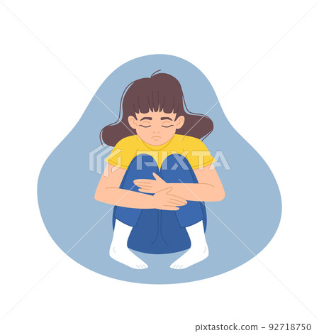 Desperated ukrainian refugee girl holding her knees. Disapoitment, sadness. frustration concept. Illustratiom in flat style 92718750
