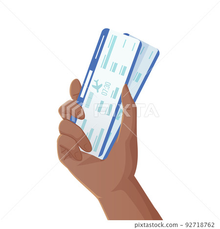 Black man hand holding two airplane tickets. International vacation, fly travel, world journey concept. Illustration in realistic cartoon style. Black man hand holding two airplane tickets. International vacation, fly travel, world journey concept. Illustration in realistic cartoon style. 92718762