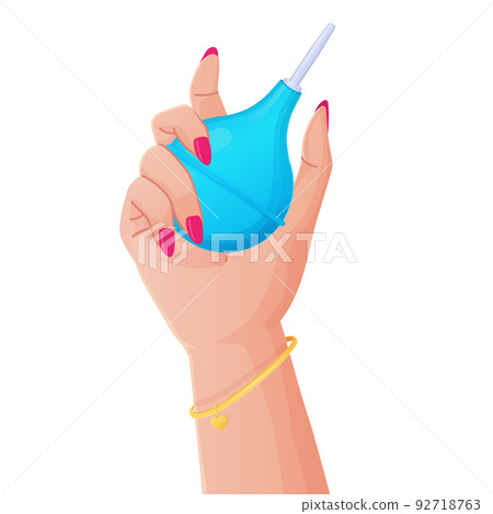 caucasian woman holding pink rubber enema or clyster. Medical cleaning body detox tool. Illustration in cartoon style isolated on white background. caucasian woman holding pink rubber enema or clyster. Medical cleaning body detox tool. Illustration in cartoon style isolated on white background. 92718763