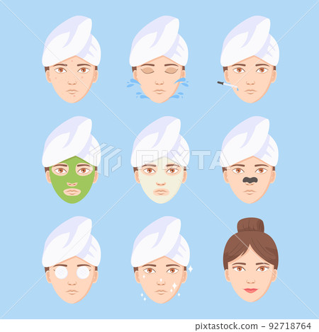 Face care routine set. Step by step korean method. Beatiful girl with acne and tovel on head washing face. Cleaning, moisturazing. Stock vector illustration Face care routine set. Step by step korean method. Beatiful girl with acne and tovel on head washing face. Cleaning, moisturazing. Stock vector illustration 92718764