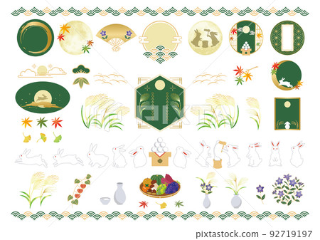 Autumn moon viewing illustration and Japanese style frame set Autumn moon viewing illustration and Japanese style frame set 92719197