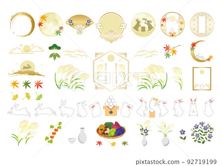 Autumn moon viewing illustration and Japanese style frame set 92719199