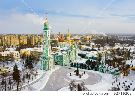View from drone of Tambov Transfiguration Cathedral on winter day View from drone of Tambov Transfiguration Cathedral on winter day 92719202