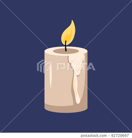 White candles on a blue background with dripping wax and fire. Icon and decoration for the holiday, romantic dinner, birthday, halloween, valentine day 92720697