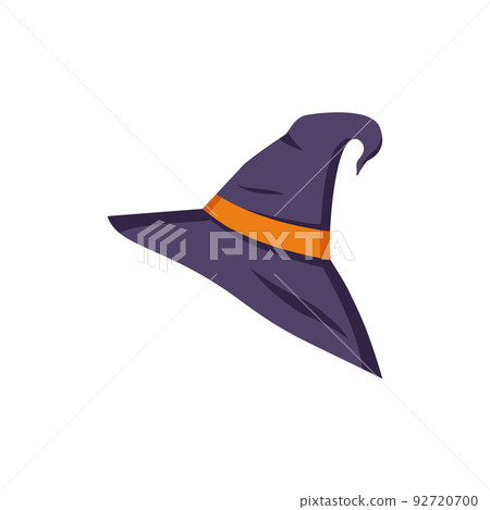 Pointed purple hat with orange ribbon. Element for halloween, witch festival and other decorations. Vector illustration Pointed purple hat with orange ribbon. Element for halloween, witch festival and other decorations. Vector illustration 92720700