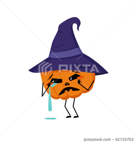 Cute pumpkin character with crying and tears emotions, face, arms and legs. The funny or sad vegetable for the holiday Halloween with eyes. Festive autumn decoration for October Cute pumpkin character with crying and tears emotions, face, arms and legs. The funny or sad vegetable for the holiday Halloween with eyes. Festive autumn decoration for October 92720702