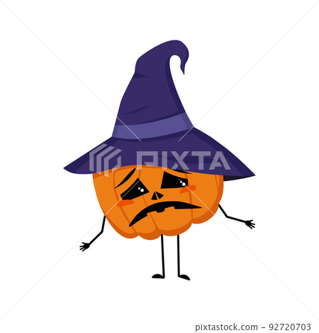 Cute pumpkin character in pointed hat with sad emotions, downcast eyes, depressing face, arms and legs. The vegetable for the holiday Halloween with eyes. Festive autumn decoration for October Cute pumpkin character in pointed hat with sad emotions, downcast eyes, depressing face, arms and legs. The vegetable for the holiday Halloween with eyes. Festive autumn decoration for October 92720703