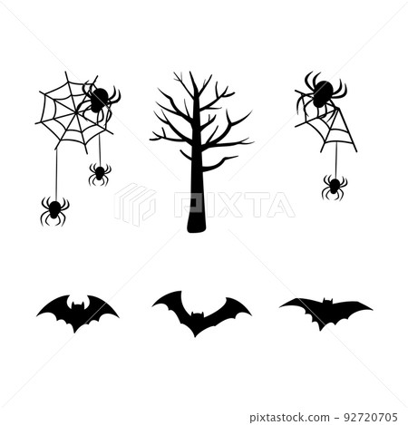 Set of black silhouettes for the holiday halloween. Spider web, tree, bats. Festive decorations for an autumn October day. 92720705