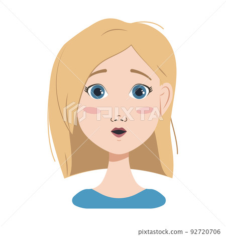 Face of a woman with blond hair, blue eyes and a bob haircut. Different emotions, happy, sad, surprised, joyful, distressed, angry facial expressions. Fashion avatar in flat vector art 92720706