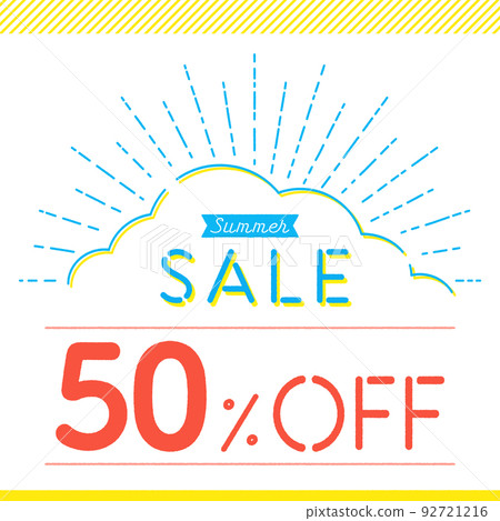 Illustration of a square for a summer sale with the words summer SALE and 50% off 92721216