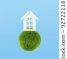 Wooden white house on a sphere green grass with sky blue background. Wooden white house on a sphere green grass with sky blue background. 92722118