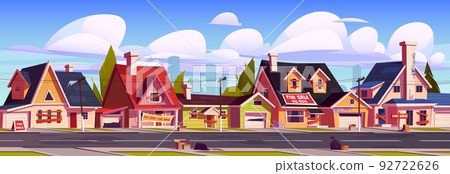 Abandoned suburb with old houses for sale, street 92722626