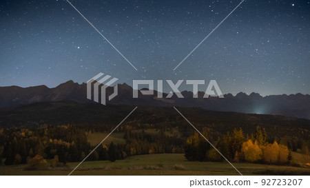 Beautiful night landscape with sky full of stars above rocky mountain range, Europe, Slovakia 92723207