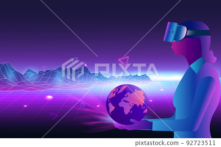 Concept of Future digital technology metaverse with a female holding a virtual world and colorful background. Vector illustration eps10 Concept of Future digital technology metaverse with a female holding a virtual world and colorful background. Vector illustration eps10 92723511