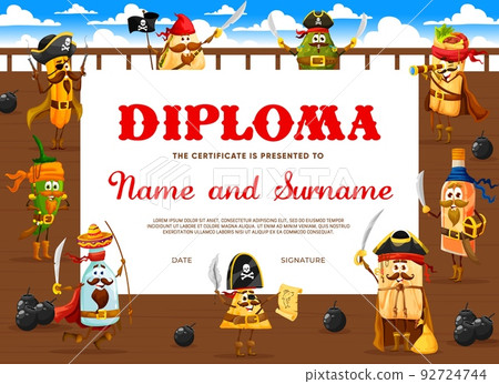 Kids diploma, cartoon Mexican food pirate and corsair characters, vector certificate award. School or kindergarten diploma with funny burrito corsair in captain hat, taco and quesadilla on pirate ship Kids diploma, cartoon Mexican food pirate and corsair characters, vector certificate award. School or kindergarten diploma with funny burrito corsair in captain hat, taco and quesadilla on pirate ship 92724744