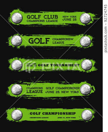 Golf sport club grunge banners. Golfing tournament or league championship, sport club competition grunge vector horizontal banners with golf balls and green paint brushstroke line 92724745