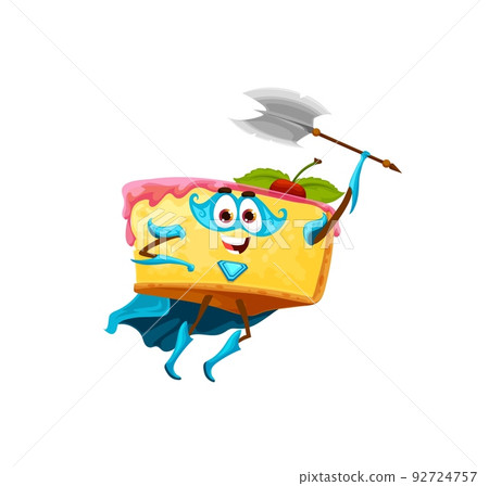 Cartoon cheesecake superhero defender character. Cute cake dessert funny warrior vector personage. Cute and cheerful cheesecake piece isolated character in mask and cape, swinging with battle ax Cartoon cheesecake superhero defender character. Cute cake dessert funny warrior vector personage. Cute and cheerful cheesecake piece isolated character in mask and cape, swinging with battle ax 92724757