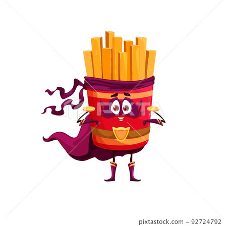 Cartoon french fries potato superhero character. Fast food potato meal hero vector character wearing mask, cape and boots. Isolated happy smiling french fries defender personage 92724792