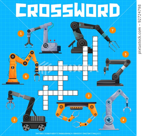 Robot arms factory, crossword grid or find word quiz game, vector worksheet. Crossword puzzle to guess words of industrial robot arms or mechanical hydraulic machine and robotic hands Robot arms factory, crossword grid or find word quiz game, vector worksheet. Crossword puzzle to guess words of industrial robot arms or mechanical hydraulic machine and robotic hands 92724798