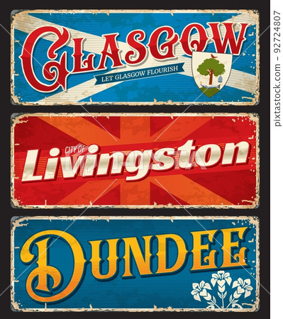 Glasgow, Livingston, Dundee, UK Scotland city travel stickers and luggage tags, vector bag labels. Britain vacations and UK journey trip retro tin signs or travel plates with landmarks and emblems 92724807