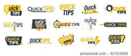 Quick tips icons, badges, advice and idea bulb or trick suggestions, vector symbols. Quick tips and useful information hint bubbles, help message stickers with lightbulb, arrow and stopwatch 92724808