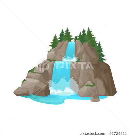 River waterfall falls from cliff with pine trees on top isolated water cascade streams. Vector landscape with mountain and pine tree, game asset scenery River waterfall falls from cliff with pine trees on top isolated water cascade streams. Vector landscape with mountain and pine tree, game asset scenery 92724821