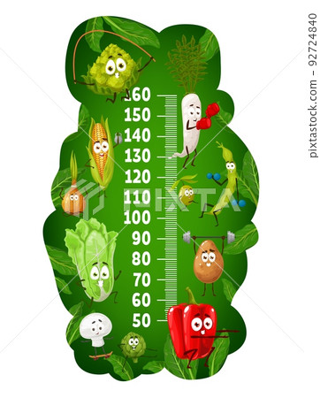 Kids height chart, healthy and fitness vegetables characters, vector growth meter scale with cartoon pepper and potato with gym barbell, potato, cabbage and artichoke on yoga, onion, daikon and corn Kids height chart, healthy and fitness vegetables characters, vector growth meter scale with cartoon pepper and potato with gym barbell, potato, cabbage and artichoke on yoga, onion, daikon and corn 92724840