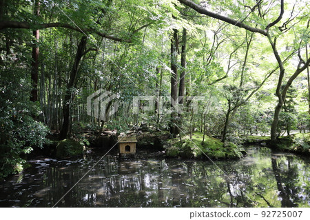Scenery with a forest of fresh green leaves and an aviary on the waterfront and a pond on the surface of the water that blurs the surroundings 92725007