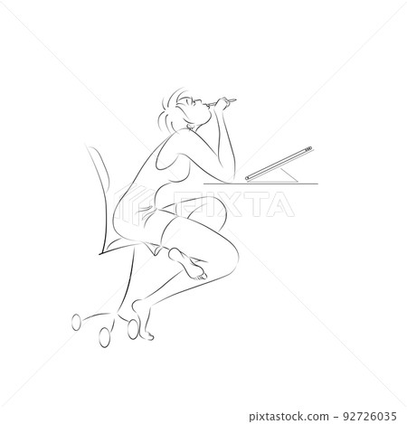 Girl freelancer blogger at home with a tablet thought about solving a work task. The concept of the problem of burnout at work. Girl freelancer blogger at home with a tablet thought about solving a work task. The concept of the problem of burnout at work. 92726035