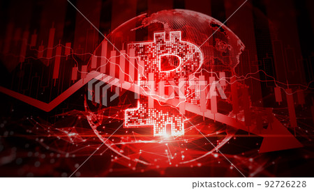 Bitcoin in recession global market crisis stock red price drop arrow down chart fall, Money losing moving economic inflation deflation investment loss crash, 3d rendering 92726228
