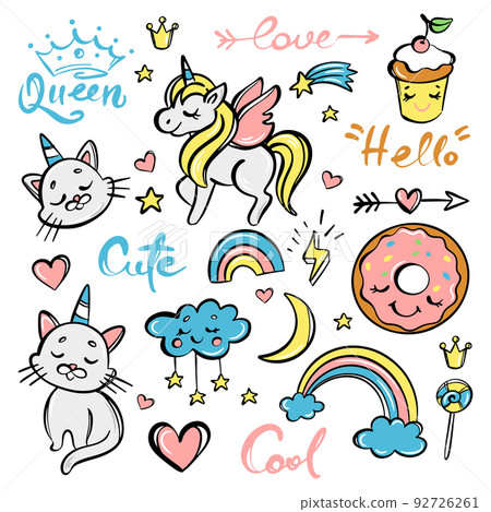 CUTE DOODLE SET CARTOON ANIMALS Hand Drawn Sketch With Animals Sweets And Handwriting Phrases. Vector Elements And Lettering. Unicorn Cat Rainbow Donut CUTE DOODLE SET CARTOON ANIMALS Hand Drawn Sketch With Animals Sweets And Handwriting Phrases. Vector Elements And Lettering. Unicorn Cat Rainbow Donut 92726261